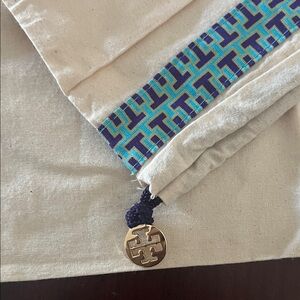Tory Burch Cream Drawstring Pouch with Turquoise & Navy Trim